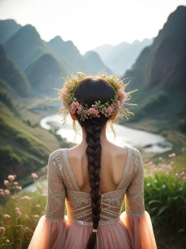 mountain flower,aerith,inner mongolian beauty,idyll,elven flower,meadow,hanfu,girl in flowers,zhui,mountain flowers,hanbok,reine,mystical portrait of a girl,girl picking flowers,mongolian girl,aeris,landscape background,yiwen,milkmaid,fantasy picture