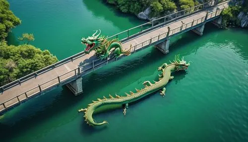 dragon bridge,dragon boat,crocodile,alligator sculpture,dragonboat,crocodiles,green water,painted dragon,crocodile park,adventure bridge,nessie,alligators,alligator lake,plesiosaurs,crocodile woman,water crane,decebalus,king decebalus,chain bridge,krka,Photography,General,Realistic