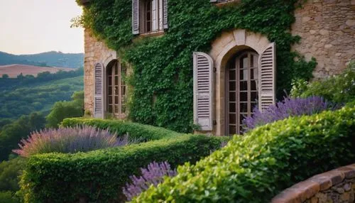 Rustic French country architecture, villa, stone walls, wooden shutters, flower-filled window boxes, curved iron railings, ornate doorways, terracotta roof tiles, chimney, vine-covered facade, overgro