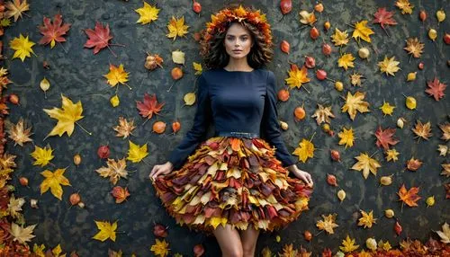 фотомодель в платье из осенних листьев, эпичное фото,the woman is standing in front of a wall with leaves on it,autumn photo session,girl in a wreath,autumn leaves,autumnal leaves,autumn theme,sweetgu