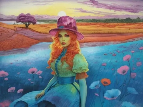 a woman wearing a dress and hat sitting on a field,fantasy picture,meadow in pastel,ostara,melusine,rusalka,jasinski,Illustration,Realistic Fantasy,Realistic Fantasy 25