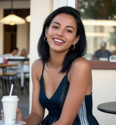 The Moroccan girl with the black hair, sits in a street cafe in Tel Aviv.  She drinks coffee and smiles, emphasizing her beauty.  wearing a sexy short dress and white sneakers,a woman holding a drink 