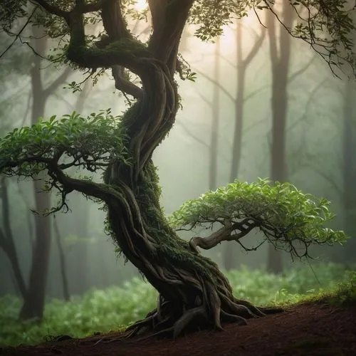 Losu tree, tall, majestic, green leaves, twisted branches, rustic wooden texture, morning dew, warm sunlight filtering through, forest surroundings, misty atmosphere, subtle fog, serene ambiance, natu