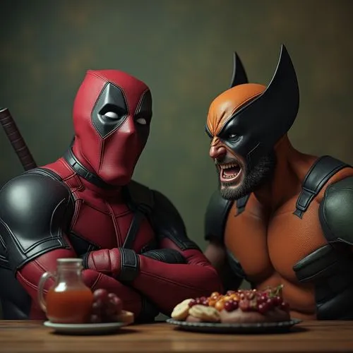 A realistic image, the background of the image has a studio photography background texture. laughing out loud deadpool and wolverine sitting drinking and eating, deadpool laughs out loud and looks lik