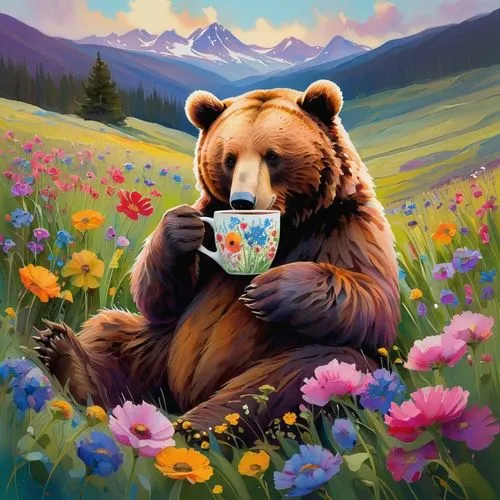 A fluffy brown bear takes on a tiny mug, curled up in a peaceful meadow filled with vibrant watercolor flowers. The scene is bathed in soft, warm light, and the bear's paws are delicately resting on t