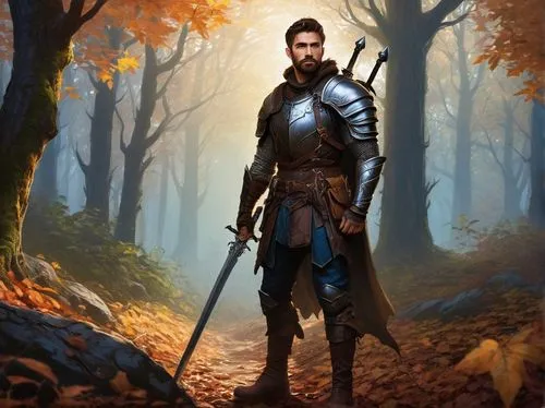 male elf,the wanderer,fantasy portrait,fantasy picture,paladin,autumn background,lone warrior,knight armor,fantasy warrior,world digital painting,witcher,fantasy art,dane axe,cg artwork,archer,king arthur,knight tent,aa,htt pléthore,light of autumn,Illustration,Paper based,Paper Based 06