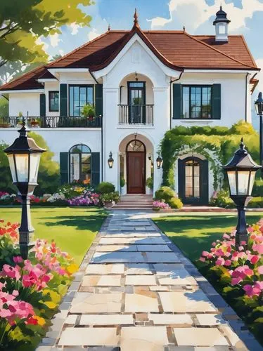 houses clipart,beautiful home,home landscape,house painting,country estate,exterior decoration,country house,landscaped,wrought iron,dreamhouse,townhomes,landscaping,large home,private house,landscaper,hovnanian,townhome,landscapist,landscapers,gardenias,Illustration,Japanese style,Japanese Style 06