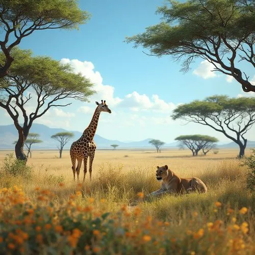 Savannah environment, sunny day, clear blue sky, few white clouds, endless grasslands, Acacia trees scattered, wildflowers blooming in vibrant colors, a giraffe eating leaves from tall trees, a liones