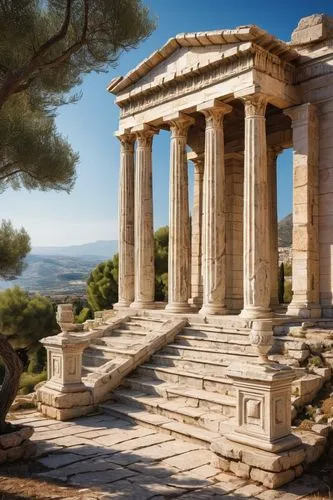 Ancient Greek temple, Doric columns, ornate frieze, marble material, weathered texture, symmetrical structure, detailed carvings, Ionic capitals, pediment sculptures, grand entrance, stairs leading up