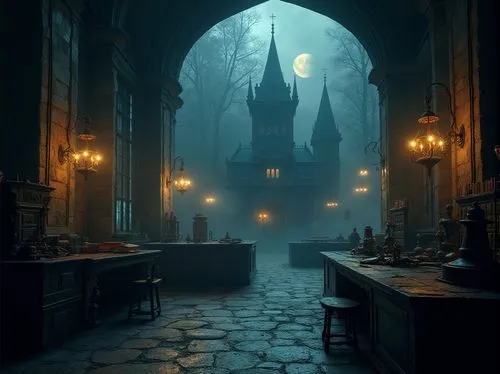 haunted cathedral,ravenloft,hogwarts,castlevania,theed,hall of the fallen,magorium,diagon,witch's house,fantasy picture,waterdeep,wizarding,castle of the corvin,ghost castle,sacristy,nacht,tentorium,haunted castle,magistra,night scene,Photography,General,Realistic