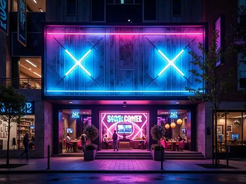 Vibrant nightclub exterior, neon lights, futuristic fa\u00e7ade, metallic panels, mirrored surfaces, angular lines, dynamic LED displays, pulsing strobe lights, dramatic entranceways, luxurious velvet