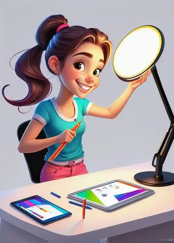 illustrator,girl studying,girl drawing,caricaturist,taking picture with ipad,painting technique,kids illustration,cute cartoon image,color picker,vector girl,icon magnifying,animator,girl at the computer,graphics tablet,ipad,adobe illustrator,girl with speech bubble,visual effect lighting,tiktok icon,holding ipad,Illustration,Realistic Fantasy,Realistic Fantasy 03