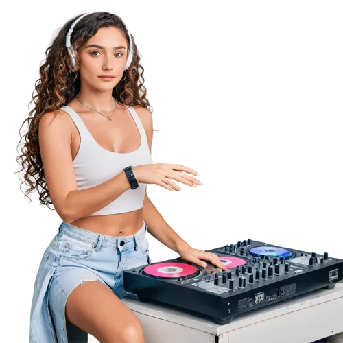 Female DJ, sound engineer, headphones, long curly brown hair, minimal makeup, casual wear, ripped jeans, white tank top, silver necklace, confident pose, hands on mixer, studio background, softbox lig