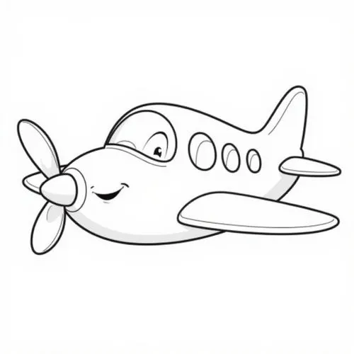 A playful and cartoonish airplane with large, rounded wings and a smiling face on the cockpit. The body of the airplane is simple but inviting, with large windows and a fun, friendly expression. The p