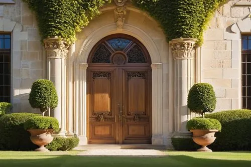 Poche, ornate door, intricate carvings, wooden panels, stone walls, grand entrance, luxurious villa, French Renaissance style, symmetrical facade, manicured lawn, blooming flowers, serene atmosphere, 