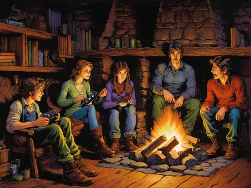 campfire,campfires,fireside,camp fire,log fire,cabin,children studying,wood fire,fire place,campers,social group,e-book readers,girl scouts of the usa,boy scouts of america,youth book,fire bowl,lodge,bonfire,hearth,game illustration,Conceptual Art,Daily,Daily 09