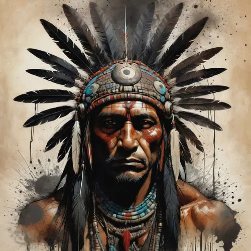 masterpiece, splatter ink drawing, dark fantasy:1.3, in the style of Ben Templesmith and Russ Mills, cockroach character Indian shaman, Apache headdress, mystical and powerful, detailed headdress, dar