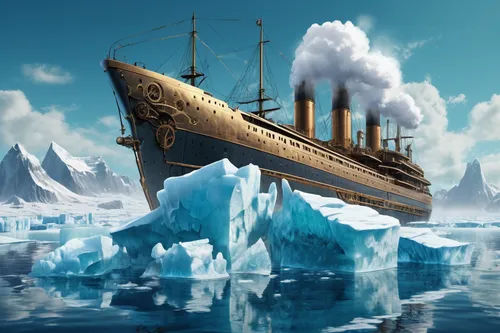 Create a peaceful scene of icebergs floating in a serene ocean.,ice boat,icebreaker,caravel,ice floe,antarctic,icebergs,cruiser aurora,ironclad warship,sea fantasy,ice floes,artificial ice,steam friga