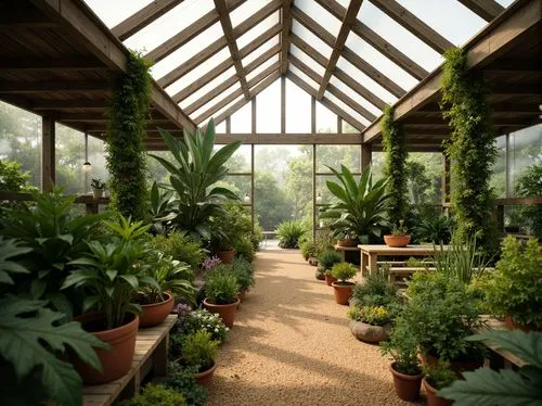 Vibrant greenhouse interior, lush tropical plants, warm natural light, misty atmosphere, rustic wooden beams, corrugated metal roofs, earthy terracotta pots, soft moss-covered walls, calming pastel co