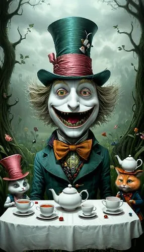 tea party,tea cup fella,hatter,alice in wonderland,tea party cat,tea time,ringmaster,tea service,tea party collection,teatime,halloween coffee,pierrot,horror clown,creepy clown,scary clown,it,teacup,tea cup,high tea,a cup of tea,Illustration,Realistic Fantasy,Realistic Fantasy 17