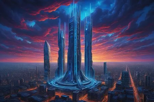 futuristic landscape,the skyscraper,skyscraper,skylstad,futuristic architecture,ordos,metropolis,coruscant,areopolis,skyscrapers,megacorporation,cybercity,skycraper,supertall,coruscating,futuristic,dystopian,skyterra,electric tower,gallifrey,Illustration,Abstract Fantasy,Abstract Fantasy 21