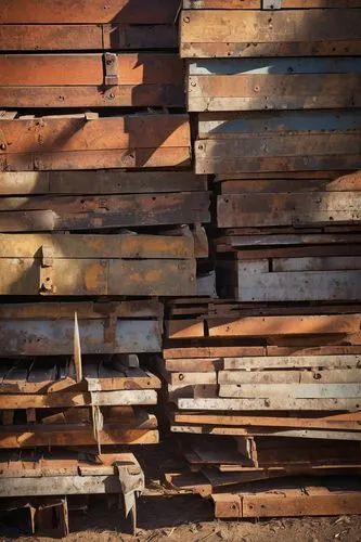 Abandoned architectural salvage yard, Omaha Nebraska, urban decay, old brick buildings, rusty metal scraps, worn wooden planks, vintage construction materials, distressed textures, American Midwest, i