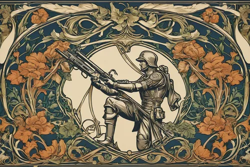 A soldier engages in a life-or-death battle, relying solely on their trusty rifle.,art nouveau design,art nouveau frame,art nouveau,angel playing the harp,tower flintlock,bow and arrows,harp player,co