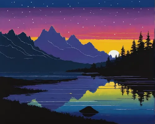 mountain sunrise,alaska,vermilion lakes,aurora borealis,dusk,evening lake,tofino,mountain lake,alpine sunset,northern lights,the northern lights,aurora colors,night glow,high mountain lake,coast sunset,bow lake,northern light,purple landscape,incredible sunset over the lake,before the dawn,Illustration,Black and White,Black and White 10