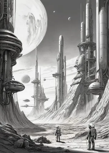 futuristic landscape,barsoom,homeworlds,arcology,primordia,cosmodrome,cardassia,sci fiction illustration,secunda,homeworld,ringworld,alien planet,coldharbour,spaceport,sci fi,post-apocalyptic landscape,sentinels,alien world,wastelands,scifi,Illustration,Black and White,Black and White 30