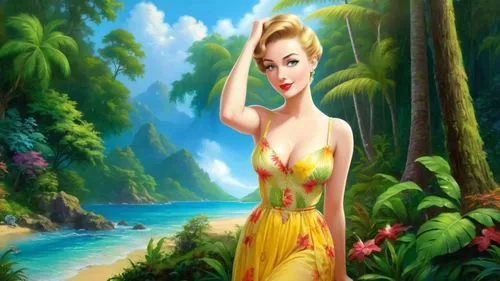 Romantic masterpiece oil painting, cute girl portrait, nostalgic 1950's style kitsch, vibrant rainforest landscape, lush tropical jungle paradise, summer beach cottage scenery, by Thomas Kinkade, by B