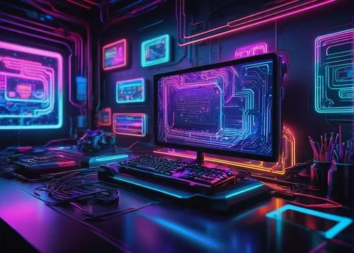 computer room,80's design,neon coffee,neon,neon light,computer art,cyberpunk,neon ghosts,80s,computer desk,cyber,computer,neon lights,working space,computer workstation,3d background,retro background,ufo interior,cinema 4d,laboratory,Photography,Fashion Photography,Fashion Photography 21