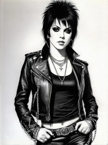 punk,gothic portrait,born 1953-54,punk design,goth woman,goth subculture,mick,rocker,charcoal drawing,sting,pencil drawing,david-lily,male poses for drawing,pencil drawings,goth,female portrait,lady rocks,eighties,leather jacket,sylvester,Illustration,Black and White,Black and White 30