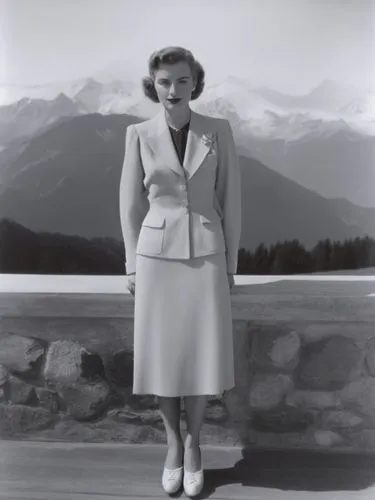 A lady from the 1940s in front of an Alpine backdrop.,an old po of a woman standing in front of some mountains,stanwyck,watzmannfrau,lougheed,maureen o'hara - female,ingrid bergman,stabenow,Photograph