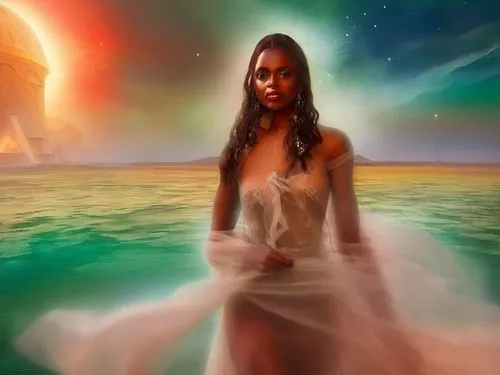 the woman is posing in a dress by water,inanna,fantasy picture,earth chakra,fantasy art,asherah,mythography,Illustration,Realistic Fantasy,Realistic Fantasy 01