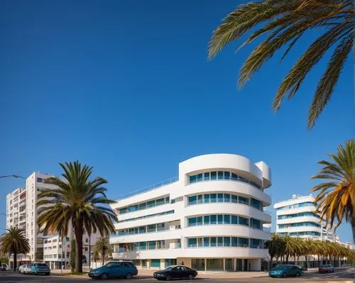 Bauhaus architecture, Tel Aviv White City, modernist style, clean lines, minimal ornamentation, functionalism, balconies with latticework, rounded corners, horizontal windows, urban landscape, sunny d