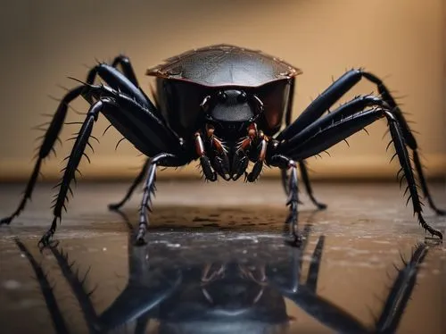 Cockroach spider hybrid, terrifying creature, dark brown carapace, eight beady eyes, razor-sharp fangs, spindly legs, armored body, glossy exoskeleton, eerie glowing markings, abandoned laboratory, di