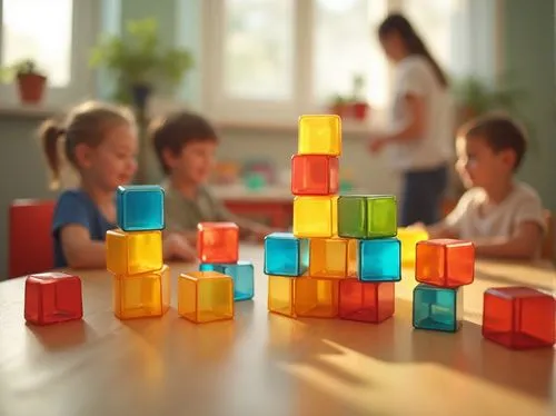 Kindergarten setting, colorful plastic blocks, stackable, transparent, bright red, blue, yellow, green, round edges, smooth surface, educational toys, playful atmosphere, wooden tables, tiny chairs, c