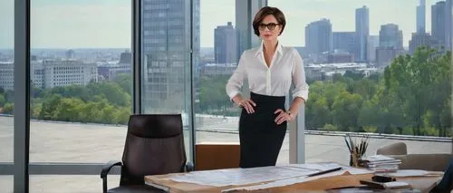 Modern mature lady, architectural designer, solo, (30s), short brown hair, glasses, professional attire, white shirt, black blazer, black trousers, high heels, holding blueprints, standing, urban offi