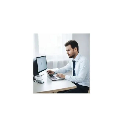 a man is working on his computer at his desk,blur office background,administratif,administrator,accountant,formateur,procuratorate