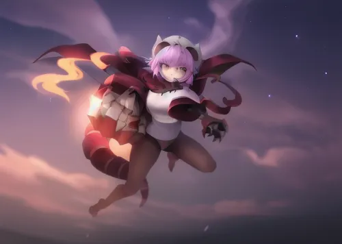 dragon girl, pink hair, black cape and shirt, red dragon hands and tail, bare legs, black underwear,tiber riven,monsoon banner,dusk background,flying girl,show off aurora,flying heart,elza,cassiopeia,