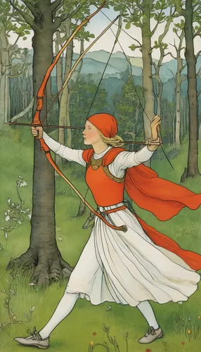 kate greenaway,longbow,bow and arrows,quarterstaff,robin hood,archery,field archery,bows and arrows,swordswoman,javelin throw,archer,the pied piper of hamelin,shinty,bow and arrow,rob roy,swordsman,throwing leaves,bow arrow,scythe,vintage illustration,Illustration,Realistic Fantasy,Realistic Fantasy 31