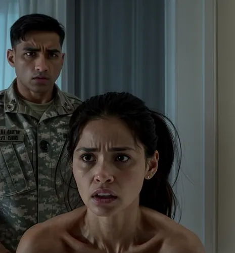 She is in a public and while a soldier stares at her,army men,the girl's face,video scene,scared woman,mother and father,acting,district 9,airmen,trailer,kabir,soldiers,us army,marine corps martial ar