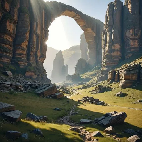 a valley filled with grass covered rocks and mountains,theed,khandaq,fantasy landscape,skylands,petra,canyon