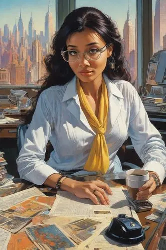 A research assistant, black glasses, at her desk, middle-aged New York City Jewish woman, long hair is down, coffee cup, Manhattan skyline outside her office window, by Jean Giraud, by Frank Frazetta,