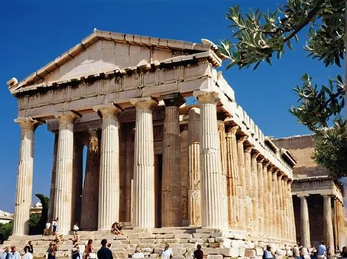 Ancient Greek architecture, Doric columns, architrave, frieze, pediment, marble material, ornate carvings, sculptures, temple ruins, olive trees, blue sky, sunny day, Athens, Greece, Pantheon, Parthen