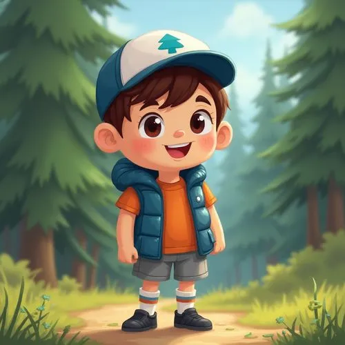 dipper,cute cartoon character,river pines,cute cartoon image,pines,forest background