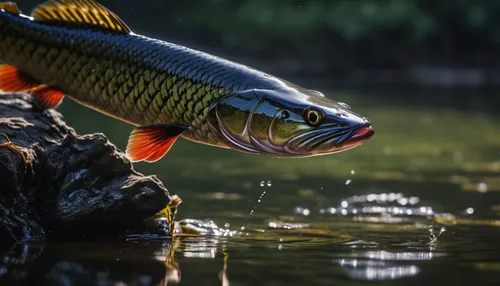 (rim lighting,beautiful lighting,morning lighting),Snakehead fish jumping out of the river to the air to eat insects.,fjord trout,northern pike,coastal cutthroat trout,cutthroat trout,rainbow trout,no