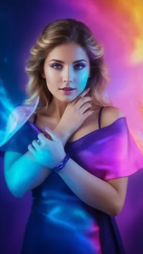 Background changes to paris,a woman in blue and purple dress with her hand on her shoulder,celtic woman,divine healing energy,horoscope libra,fantasy picture,rainbow background,etheria,Illustration,Re