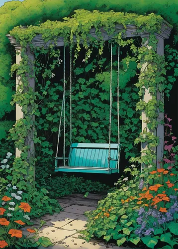 garden swing,garden bench,pergola,secret garden of venus,porch swing,green garden,swing set,garden shed,climbing garden,canopy bed,empty swing,cottage garden,clove garden,garden furniture,garden decor,outdoor bench,wooden swing,garden decoration,greenhouse cover,giverny,Illustration,American Style,American Style 14