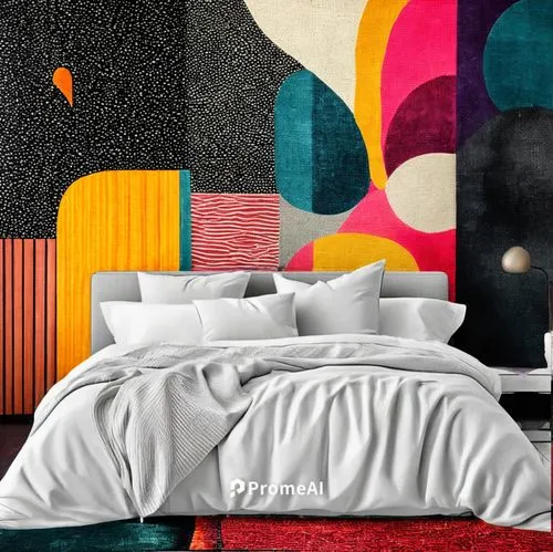 a colorfully decorated bedroom has a painting on the wall,headboards,abstract retro,modern decor,pop art background,contemporary decor,bedspread